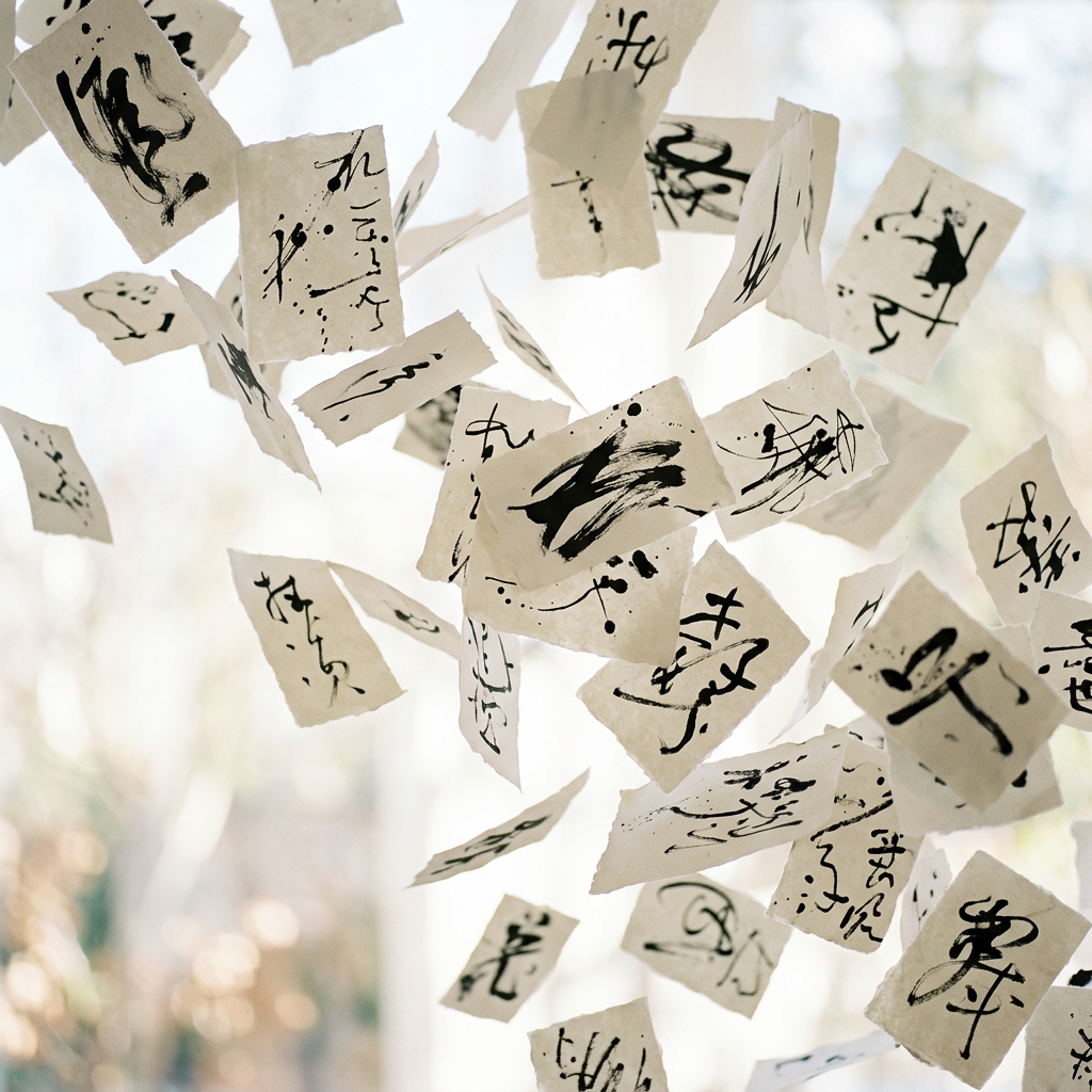 Sheets of paper with black calligraphy characters floating against a bright background